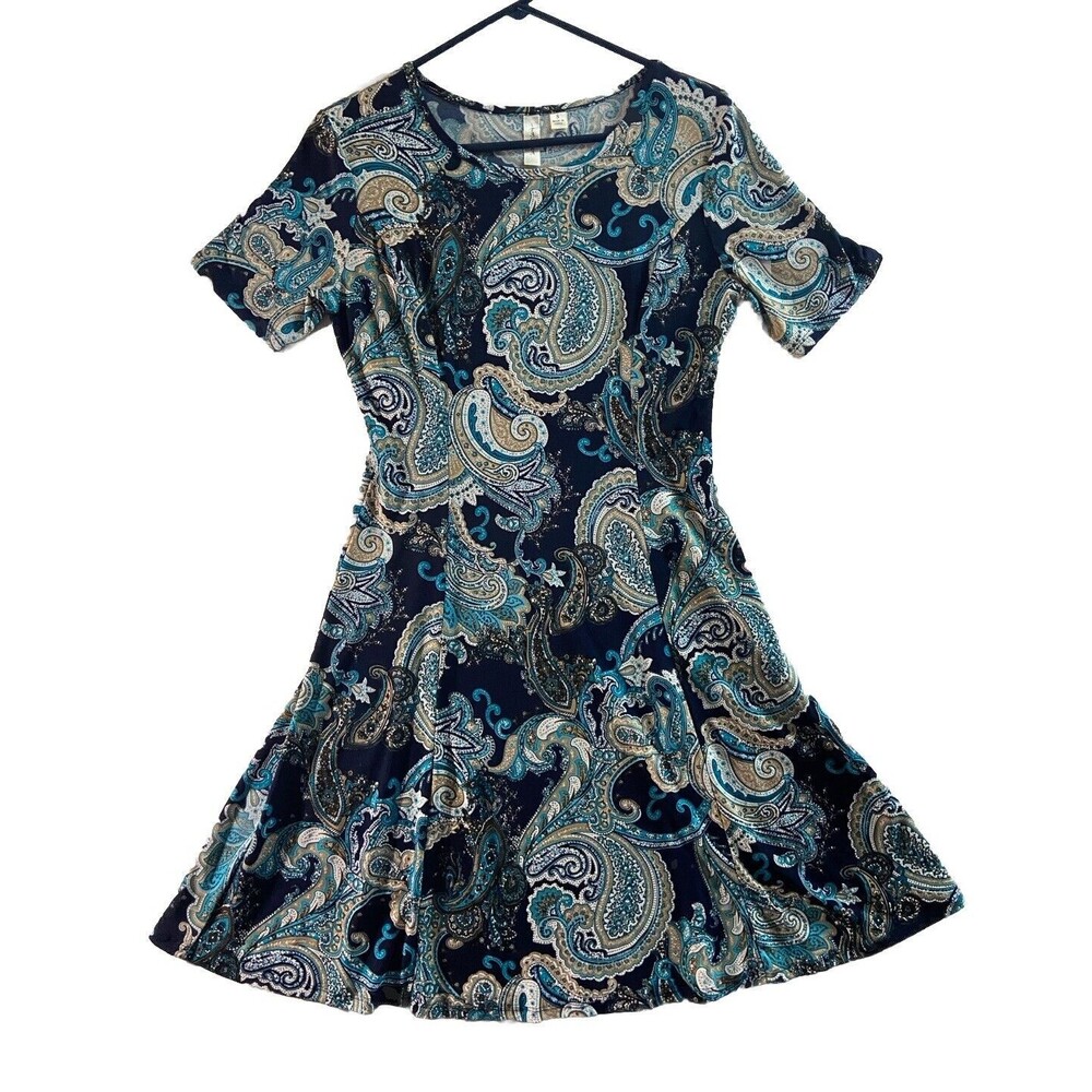 Tacera Dress Womens Small Blue Floral Fit and Flare Knee Length Short Sleeved